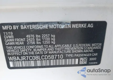 2020 BMW 530I xDrive из США, поврежденный, VIN WBAJR7C08LCD58710